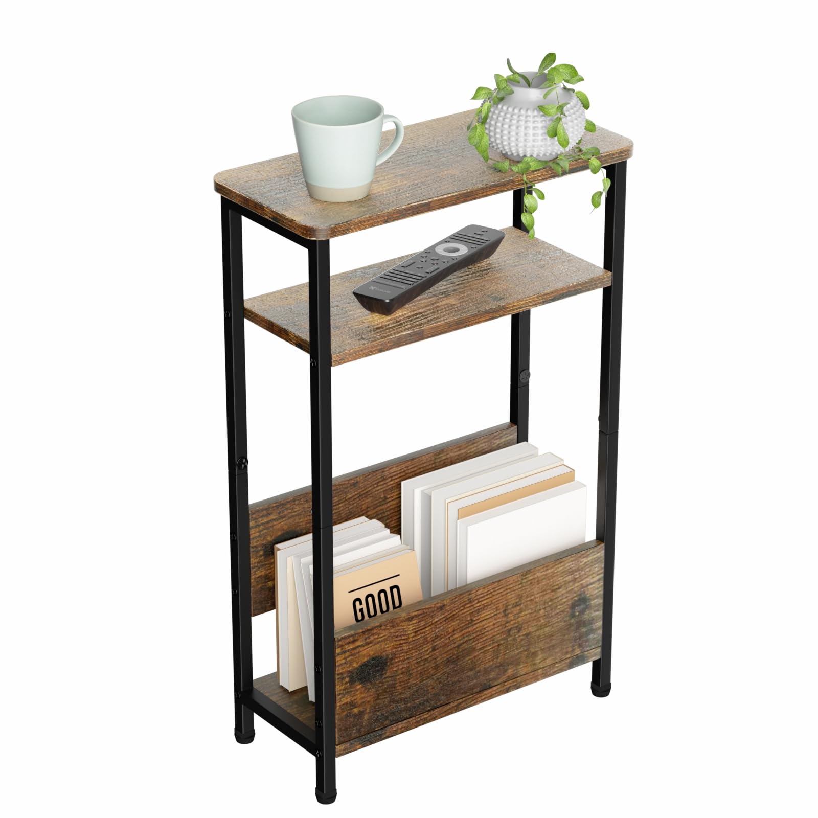 Thumeye 7.1'' Narrow Side Table For Small Spaces, 3 Tier Small End Table With Magazine Holder, Slim/Skinny Nightstand/Bedside Ta