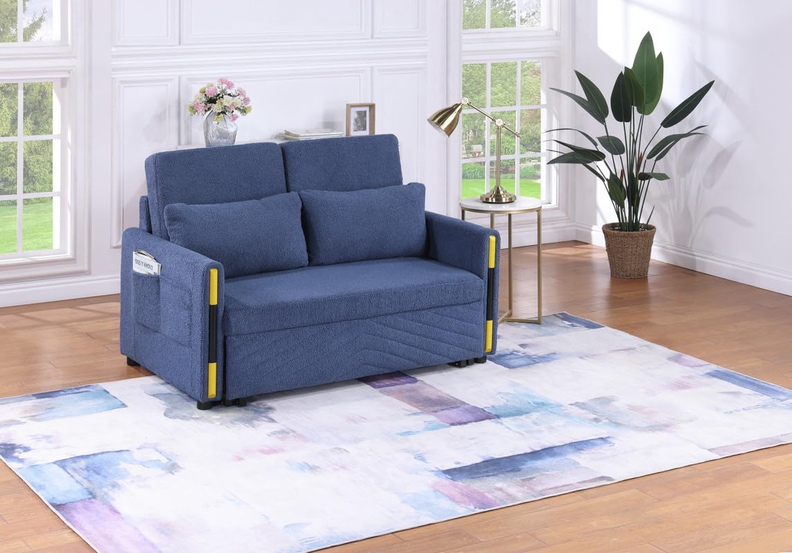 Lilola Home Percy 55.5' W Navy Teddy Velvet Sleeper Loveseat with Dual-Pull Sleeper Design