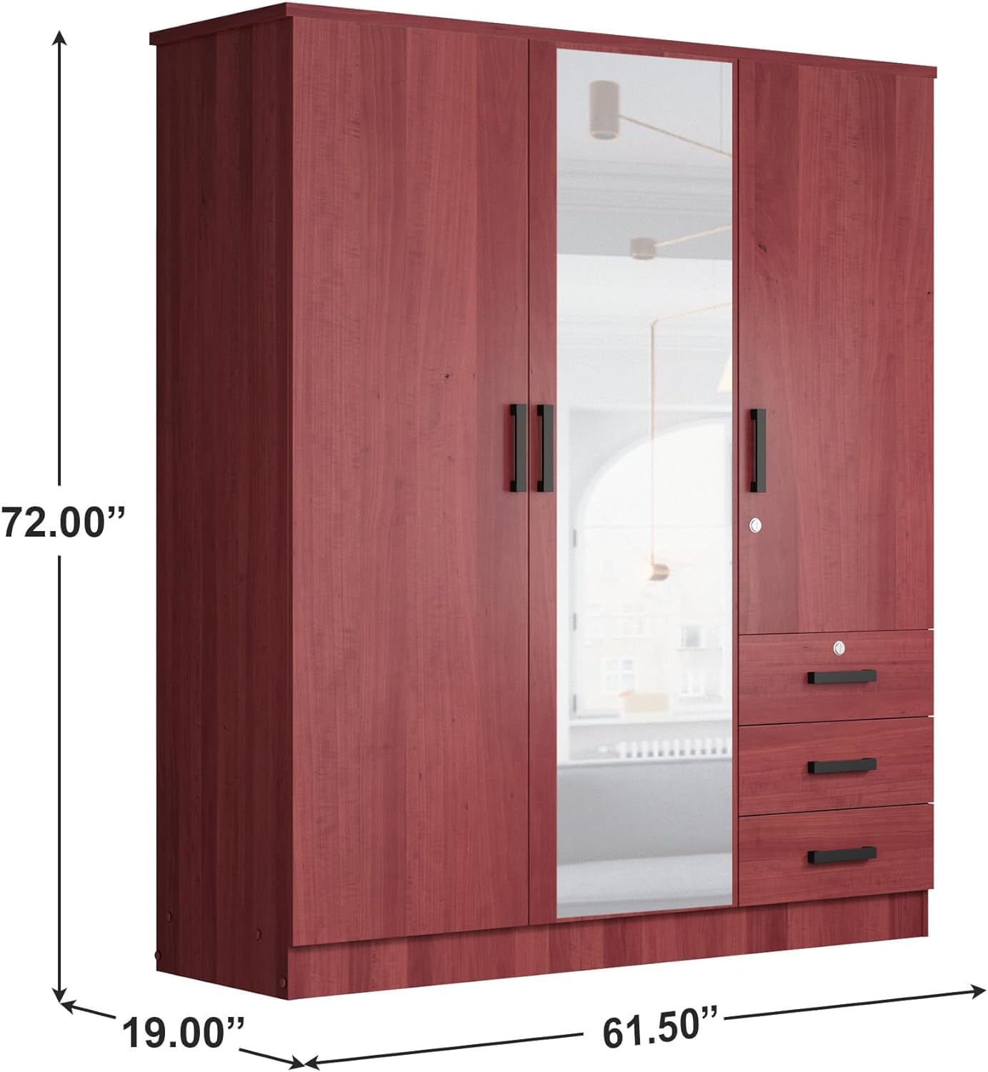 Violet Wardrobe Mirrored Door Closet 3 Doors and 3 Drawers (Mahogany)