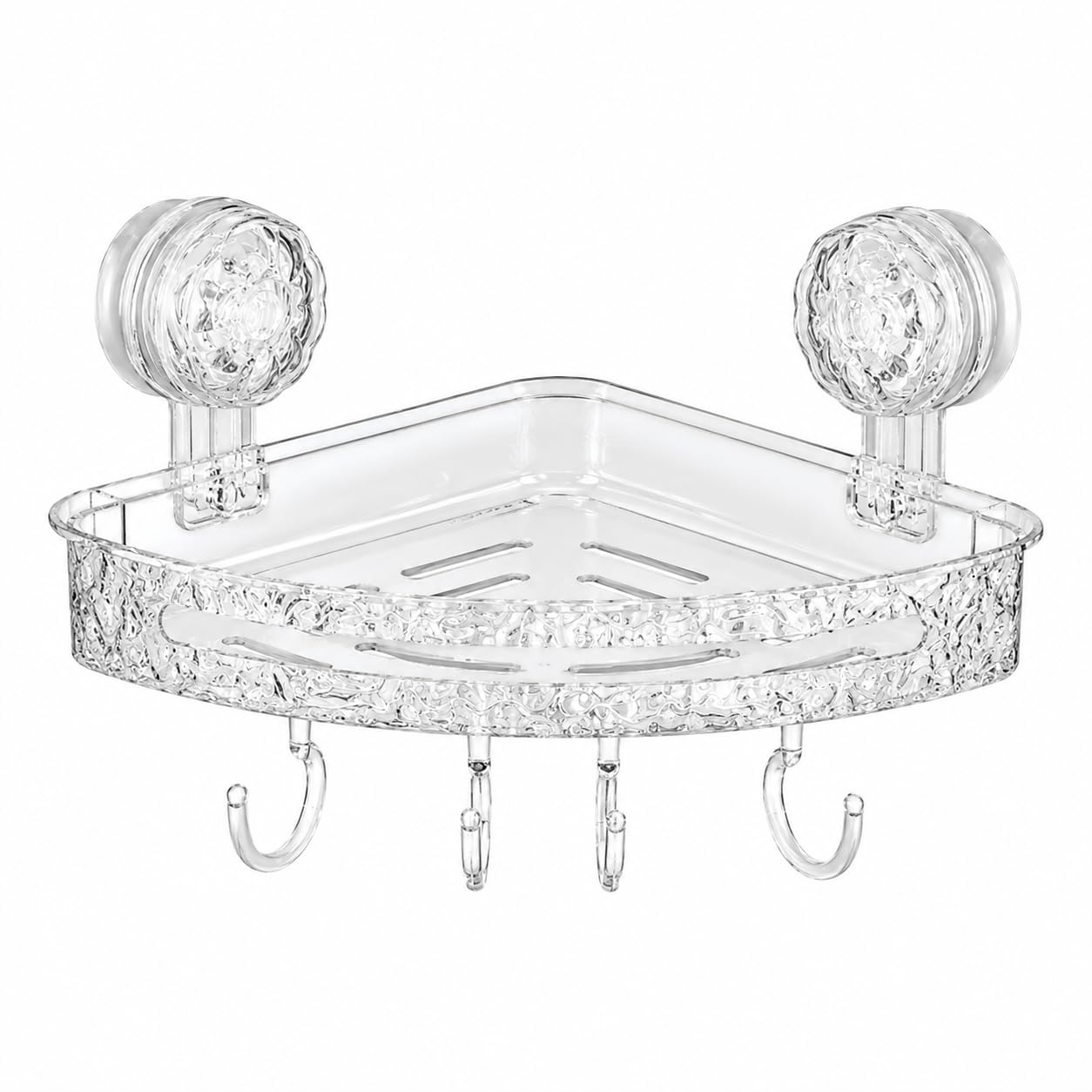 D&H Self Adhesive Acrylic Bath Corner Shelf Organiser With Hooks, Wall Mounted Bathroom Storage Rack Crystal Pattern Design For 