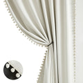 Full Blackout Curtains for Bedroom Natural Ivory Pom-Pom Thermal Insulated Window Drapes 63inch Length Curtain Panels for Kids G
