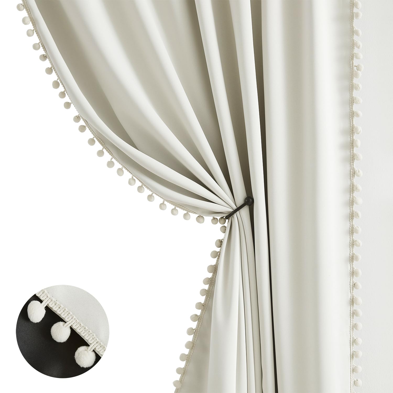Full Blackout Curtains for Bedroom Natural Ivory Pom-Pom Thermal Insulated Window Drapes 63inch Length Curtain Panels for Kids G