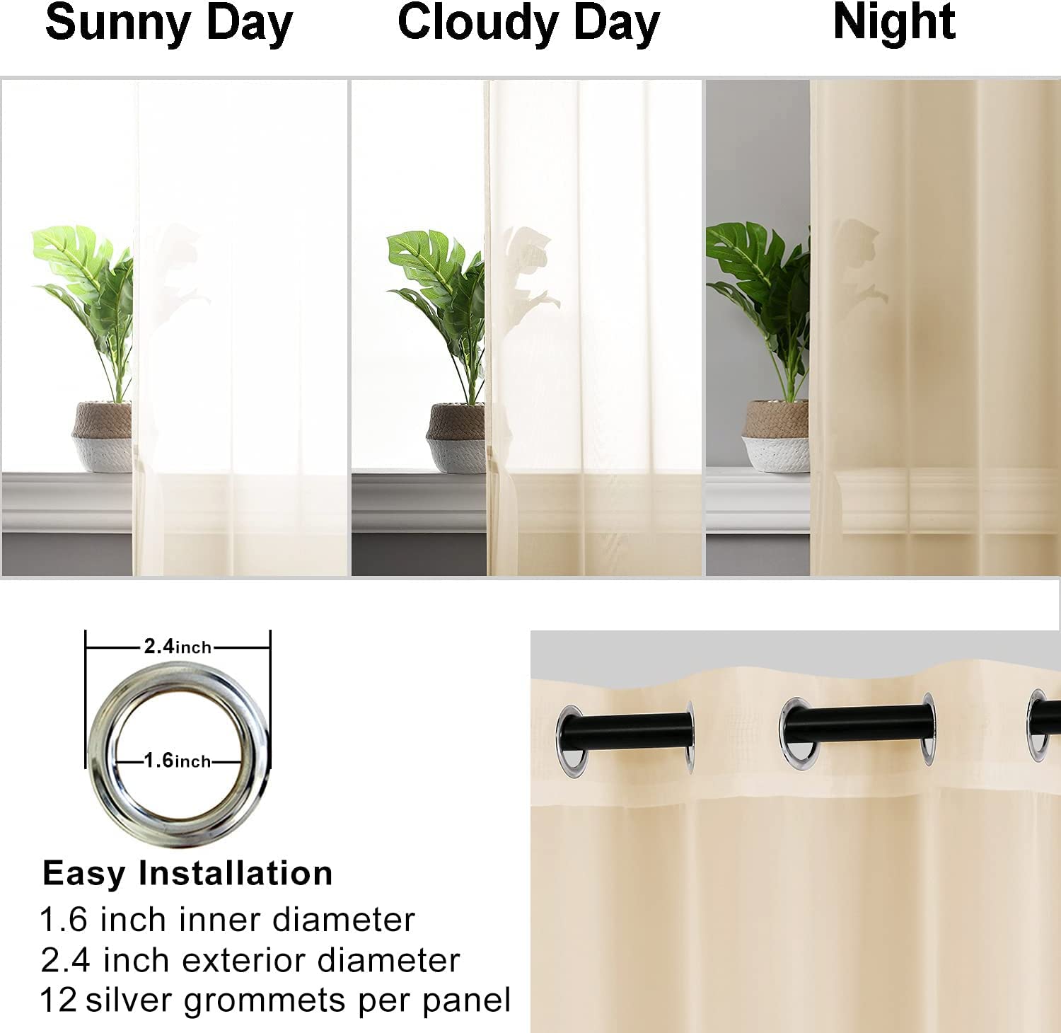 Hiasan Sheer Curtains For Bedroom With Tiebacks, Grommet Light Filtering Extra Wide Voile Texture Window Curtains For Living Room, Kids' Room And Nursery, Beige, W70 X L84, 2 Soft Drape Panels