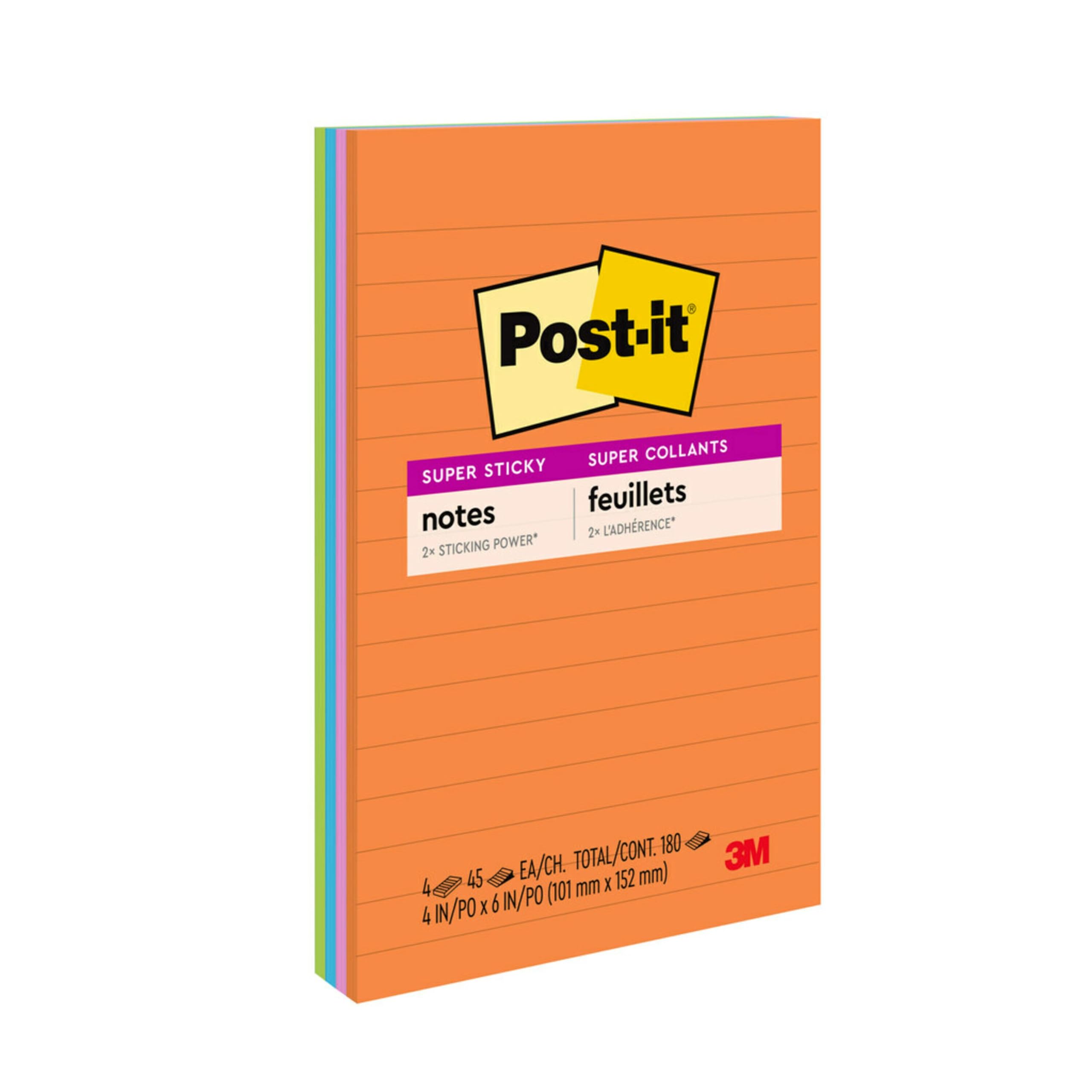 Post-It Super Sticky Lined Notes, 4 Sticky Note Pads, 4 X 6 In., School Supplies, Office Products, Sticky Notes For Vertical Sur