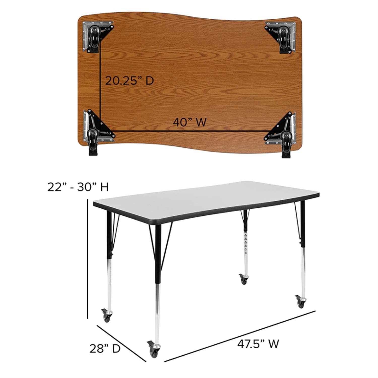 Flash Furniture Mobile 28"W X 47.5"L Rectangular Wave Collaborative Grey Thermal Laminate Activity Table - Standard Height Adjustable Legs
