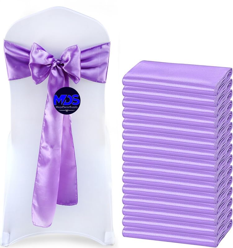 Mds Pack Of 150 Pcs Satin Chair Sashes Charmeuse Sateen Dining Chair Bows Ribbon Ties Back Sash For Wedding Party Birthday Home Hotel Restaurant Banquet Decoration (7 X 108 Inch, Lavender)