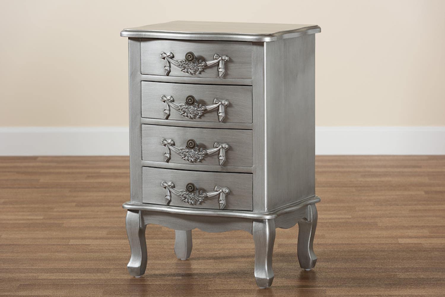 Baxton Studio Callen Brushed Silver Finished Wood 4-Drawer End Table