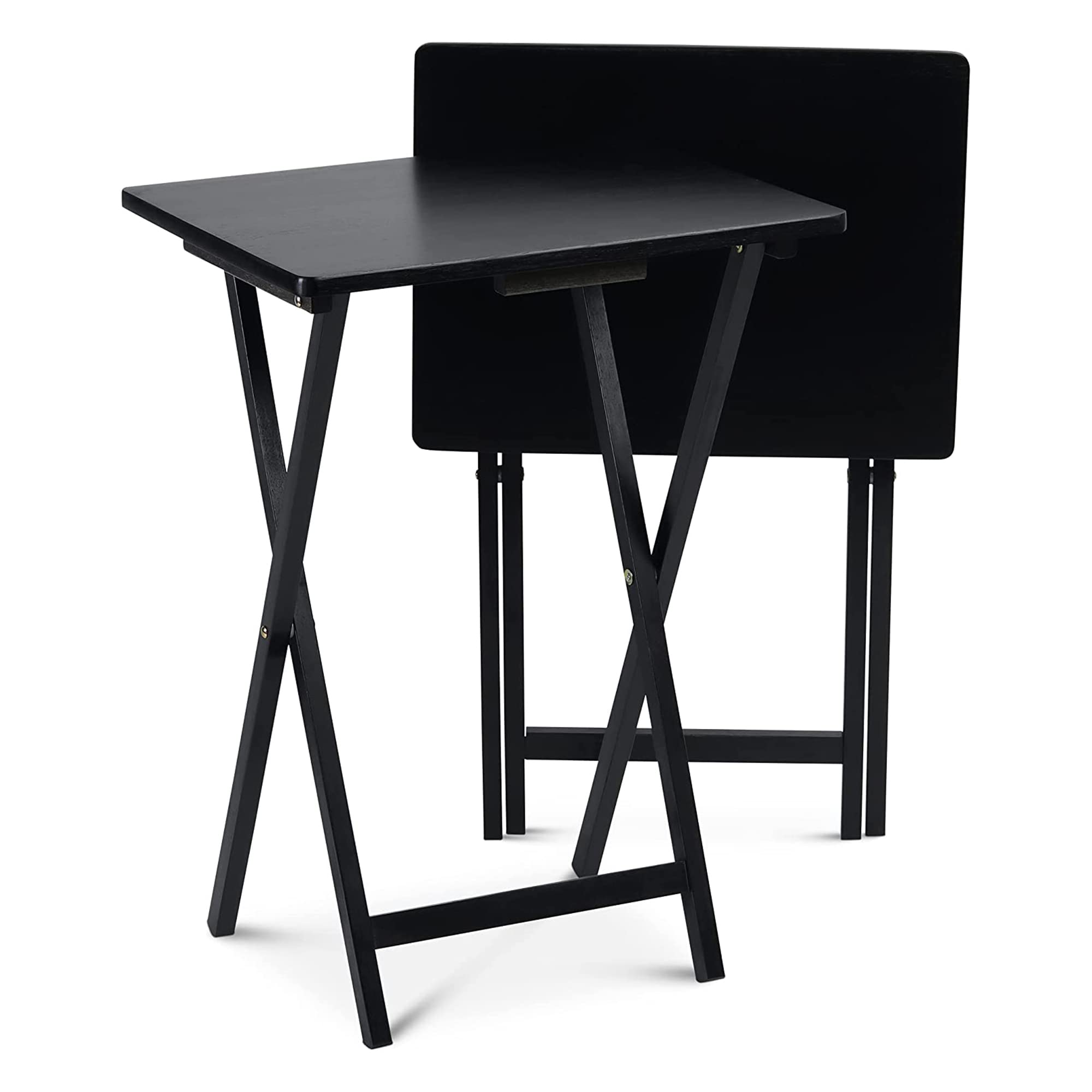 Pj Wood 2-Pack Tv Tray Folding Dinner Table W/Collapsible Storage Rack, Black
