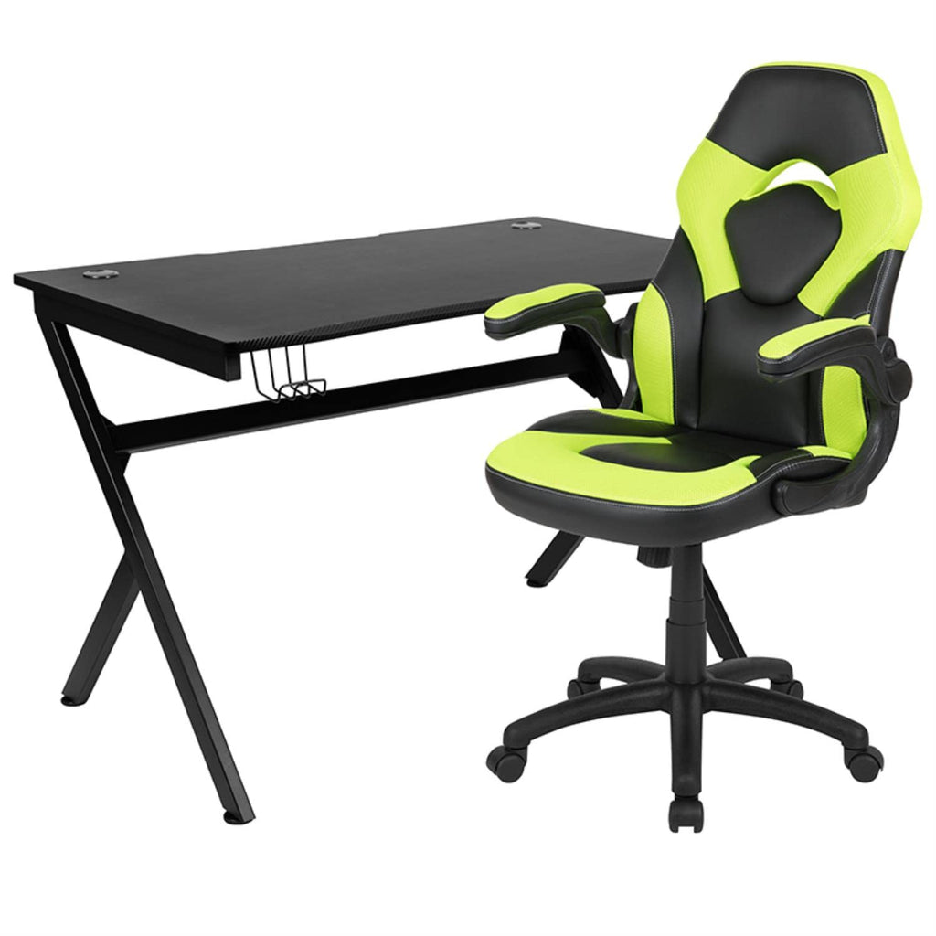 Flash Furniture Optis Black Gaming Desk And Green/Black Racing Chair Set With Cup Holder, Headphone Hook & 2 Wire Management Holes