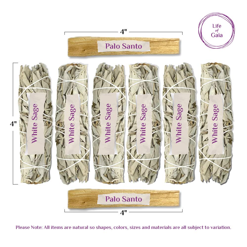 Life Of Gaia Sage Smudge Kit With Palo Santo. 6 White Sage Smudge Sticks & 2 Palo Santo Sticks For Cleansing