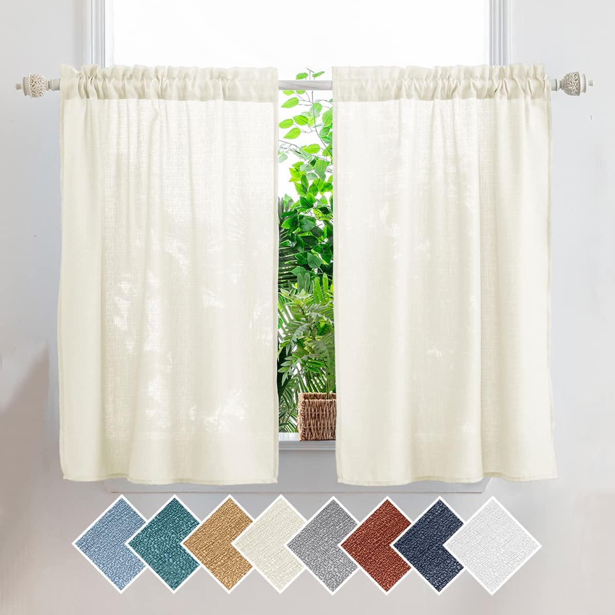 Yancorp Beige Kitchen Tier Curtains 36 inches Length Linen Textured Short Curtains Farmhouse Cafe Curtains Small Window for Bath