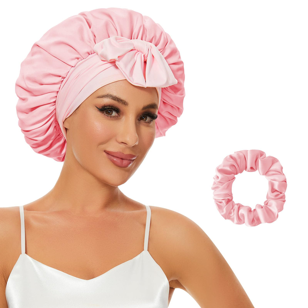Silk Bonnet for Sleeping, Satin Hair Bonnets Large Sleep Cap for Women, Hair Wrap for Curly Hair Afros with Tie Band (Pink)