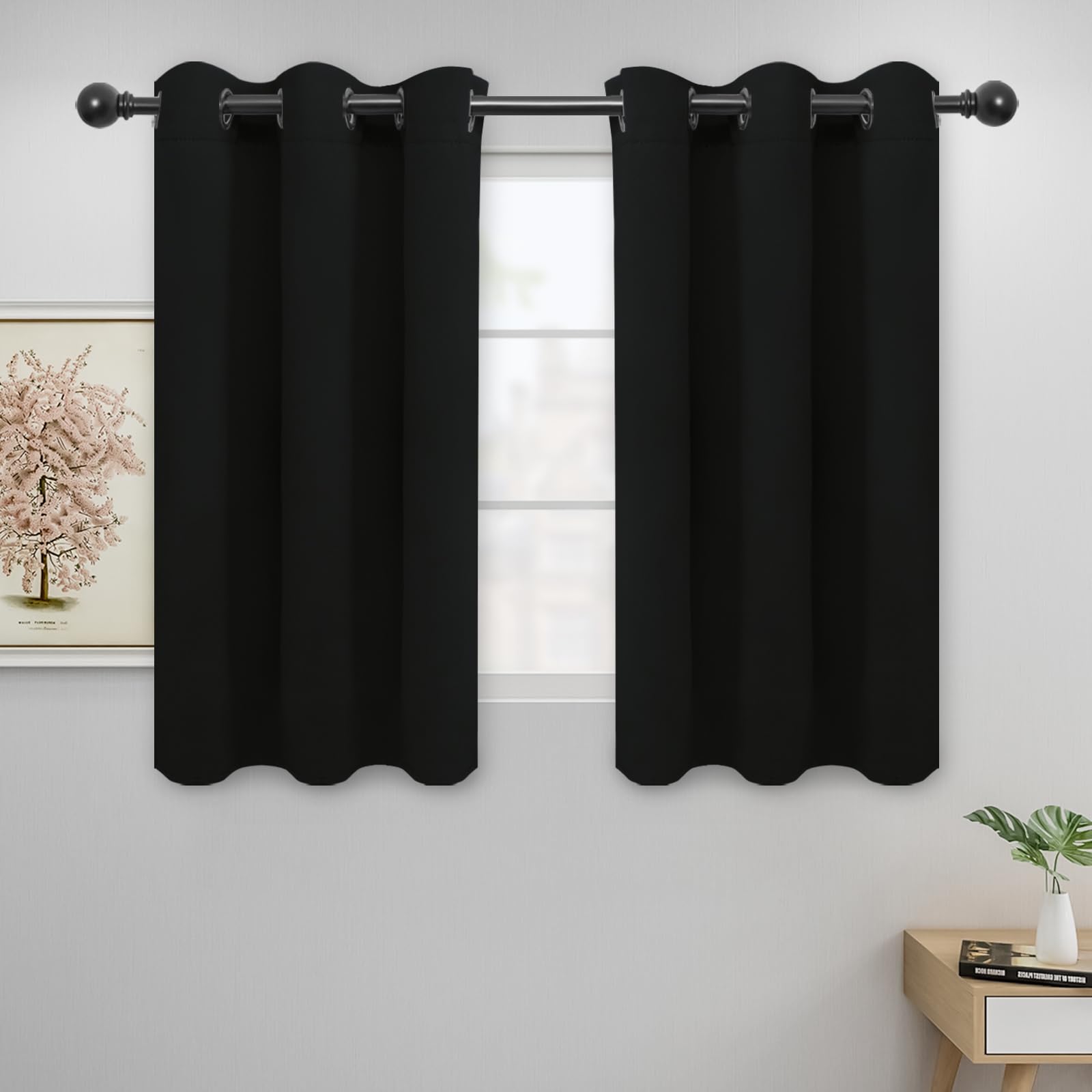 Easy-Going Blackout Curtains For Bedroom, Solid Thermal Insulated Grommet And Noise Reduction Window Drapes, Room Darkening Curtains For Living Room, 2 Panels (42X45 In, Black)