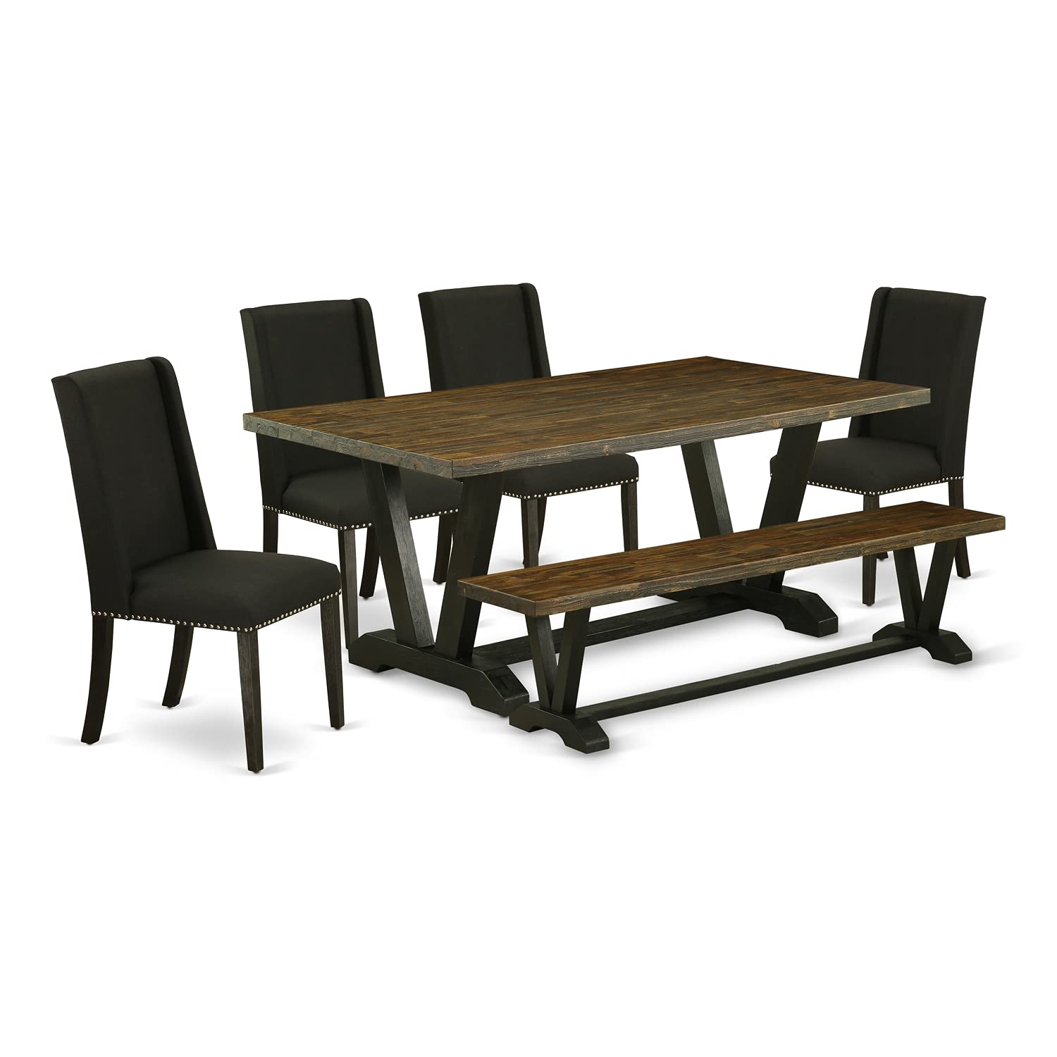 East West Furniture V-Style 6 Piece Room Set Contains A Rectangle Dining Table With V-Legs And 4 Black Linen Fabric Parson Chairs With A Bench, 40X72 Inch, V677Fl624-6