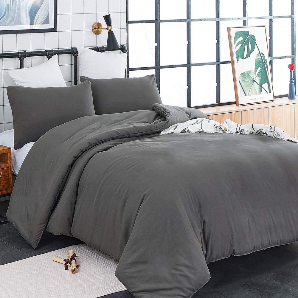 Karever Deep Grey Comforter Set Queen Dark Gray Bedding Set Teens Adult Solid Gray Color Bedding Set 3 Pieces With 2 Pillowcases