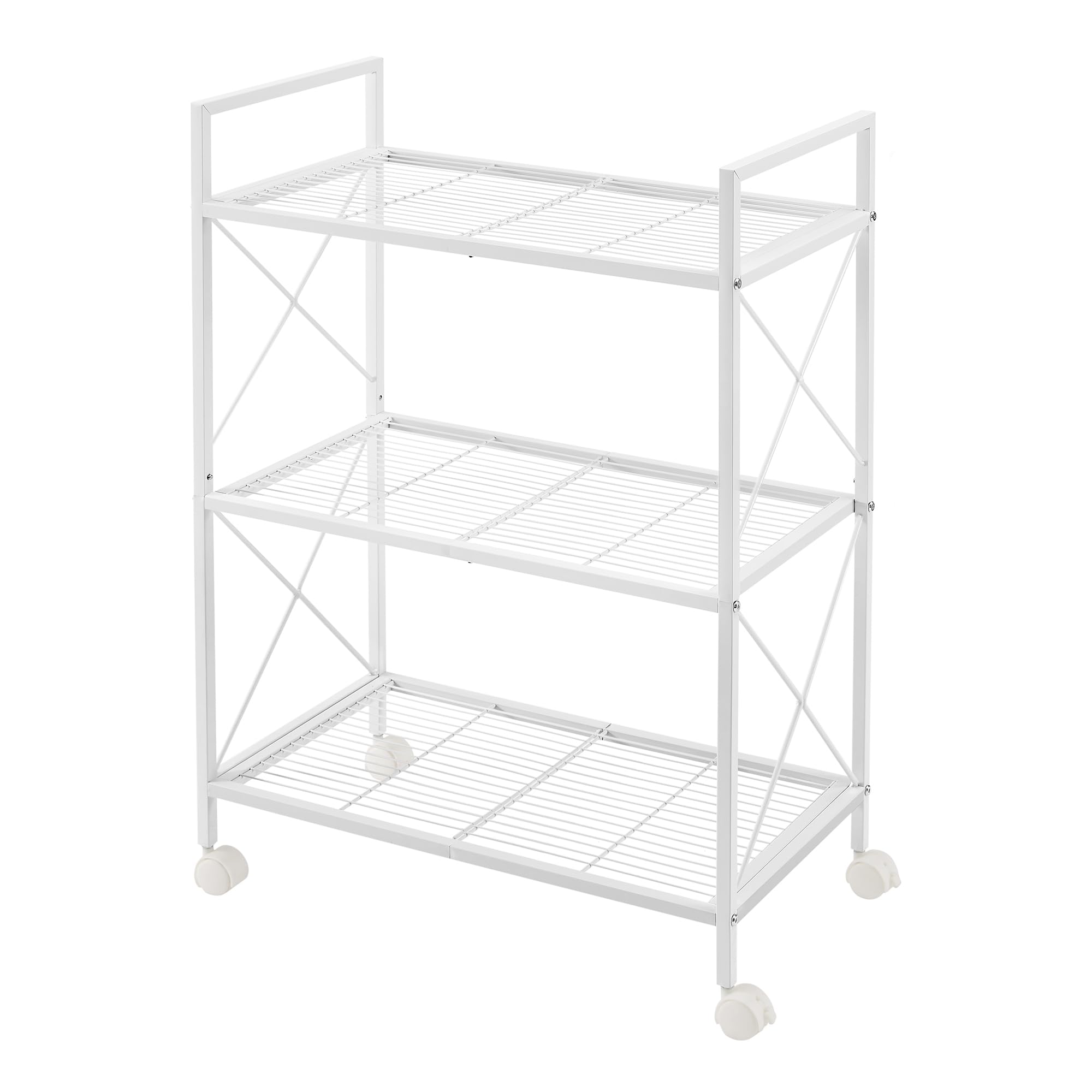 Songmics 3-Tier Metal Storage Rack With Wheels, Mesh Shelving Unit With X Side Frames, 23.6-Inch Width, For Entryway, Kitchen, Living Room, Bathroom, Industrial Style, White Ubsc163W01