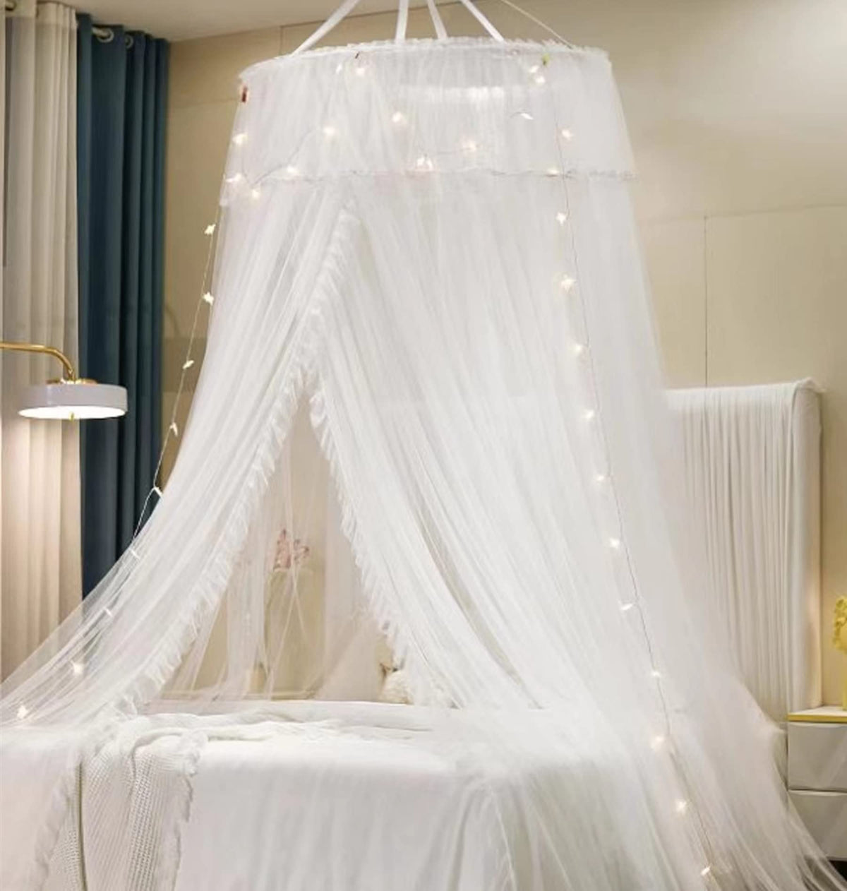 Vethin Princess Bed Canopy For Girls Double Layer Sheer Mesh Dome Elegant Lace Mosquito Net Bed Curtain For Full Queen King Bed