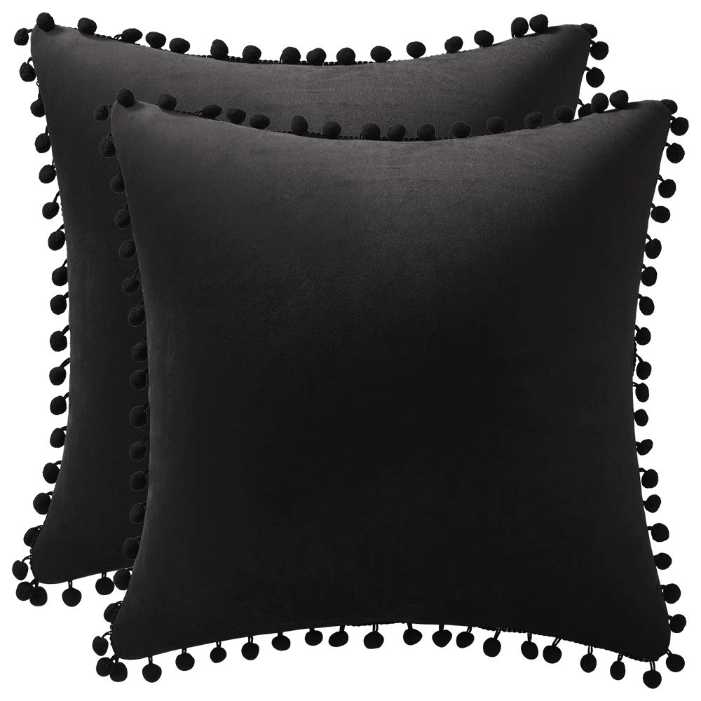 Dezene Decorative Pillow Covers 16X16 Black: 2 Pack Cozy Soft Pom-Poms Velvet Square Throw Pillow Cases For Farmhouse Home Decor