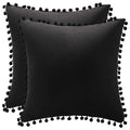 Dezene Decorative Pillow Covers 20X20 Black: 2 Pack Cozy Soft Pom-Poms Velvet Square Throw Pillow Cases For Farmhouse Home Decor