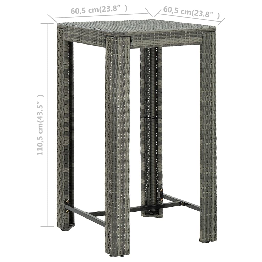 vidaXL Modern Patio Bar Table - Lightweight Poly Rattan Outdoor Table in Gray - 23.8&quot;x23.8&quot;x43.5&quot;- Made with Durable PE Rattan and Powder-Coated Steel Frame - Suitable for Indoor and Outdoor Use
