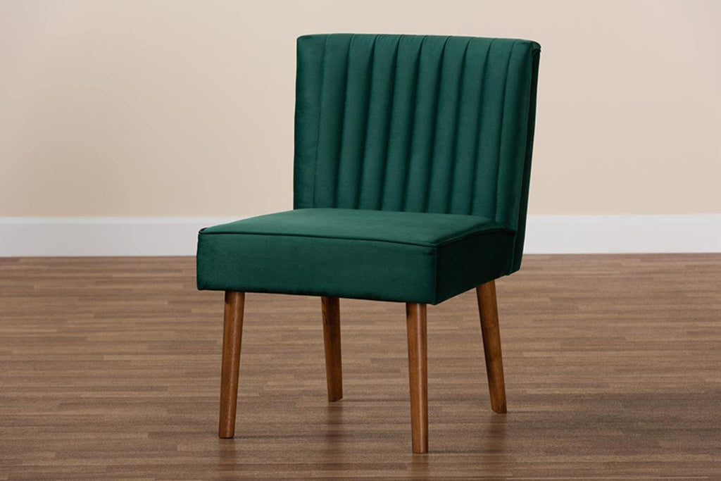 Baxton Studio Alvis Mid-Century Modern Emerald Green Velvet Upholstered and Walnut Brown Finished Wood Dining Chair
