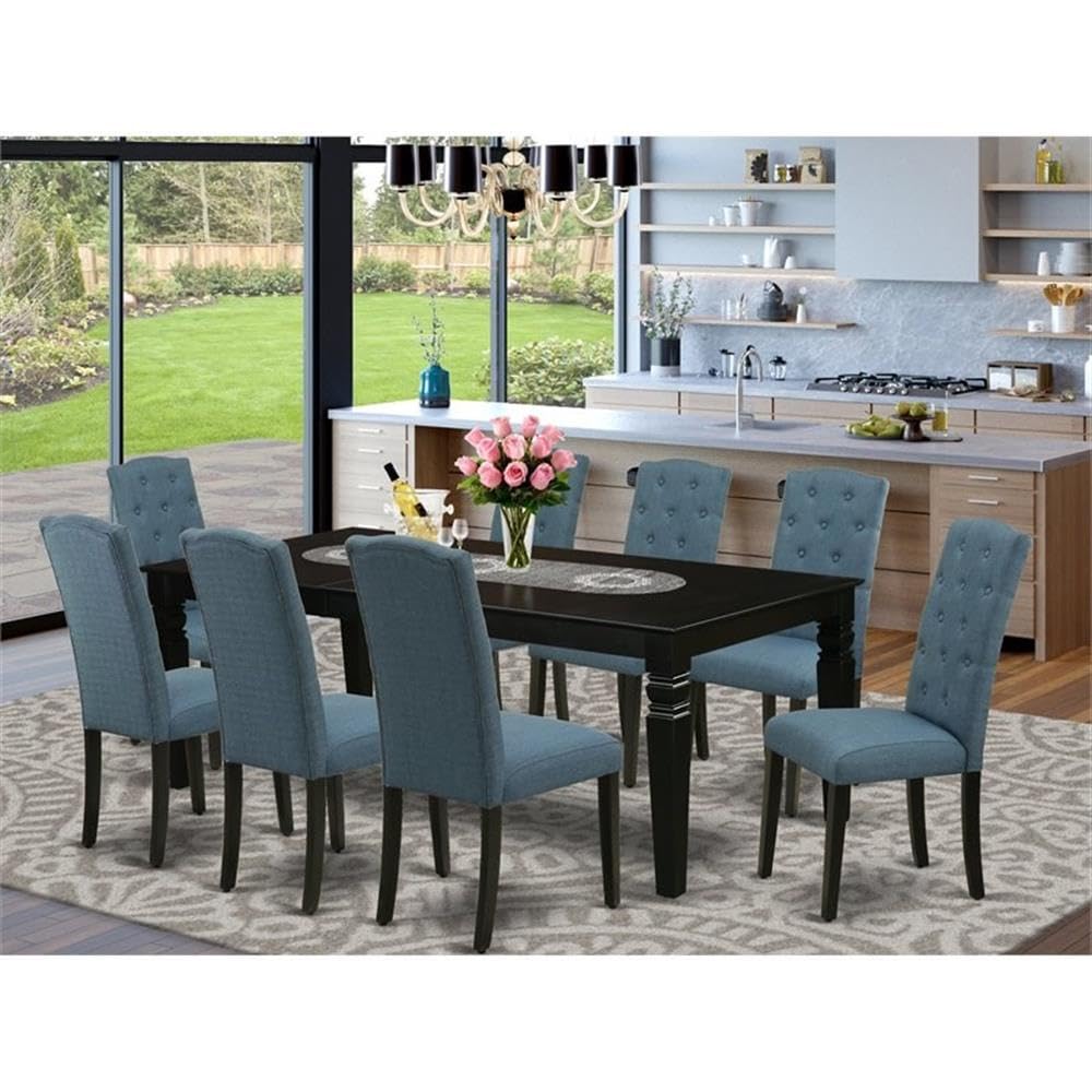 East West Furniture Lgce9-Blk-21 9 Piece Dining Table Set Includes A Rectangle Kitchen Table With Butterfly Leaf And 8 Mineral Blue Linen Fabric Upholstered Chairs, 42X84 Inch, Black