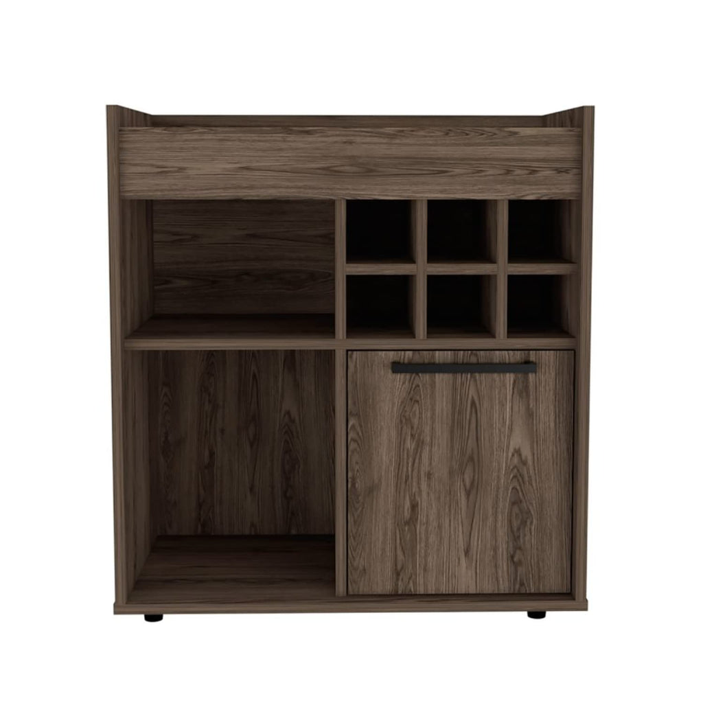 Bar- Coffee Cart 29"" H, Kitchen Or Living Room Cabinet Storage, with 6 Bottle Racks, A Central Shelf Covered by 1 Wood Door, Ideal for Storing Glasses and Snacks, Dark Walnut