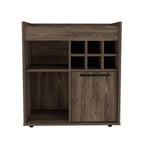 Bar- Coffee Cart 29"" H, Kitchen Or Living Room Cabinet Storage, with 6 Bottle Racks, A Central Shelf Covered by 1 Wood Door, Ideal for Storing Glasses and Snacks, Dark Walnut