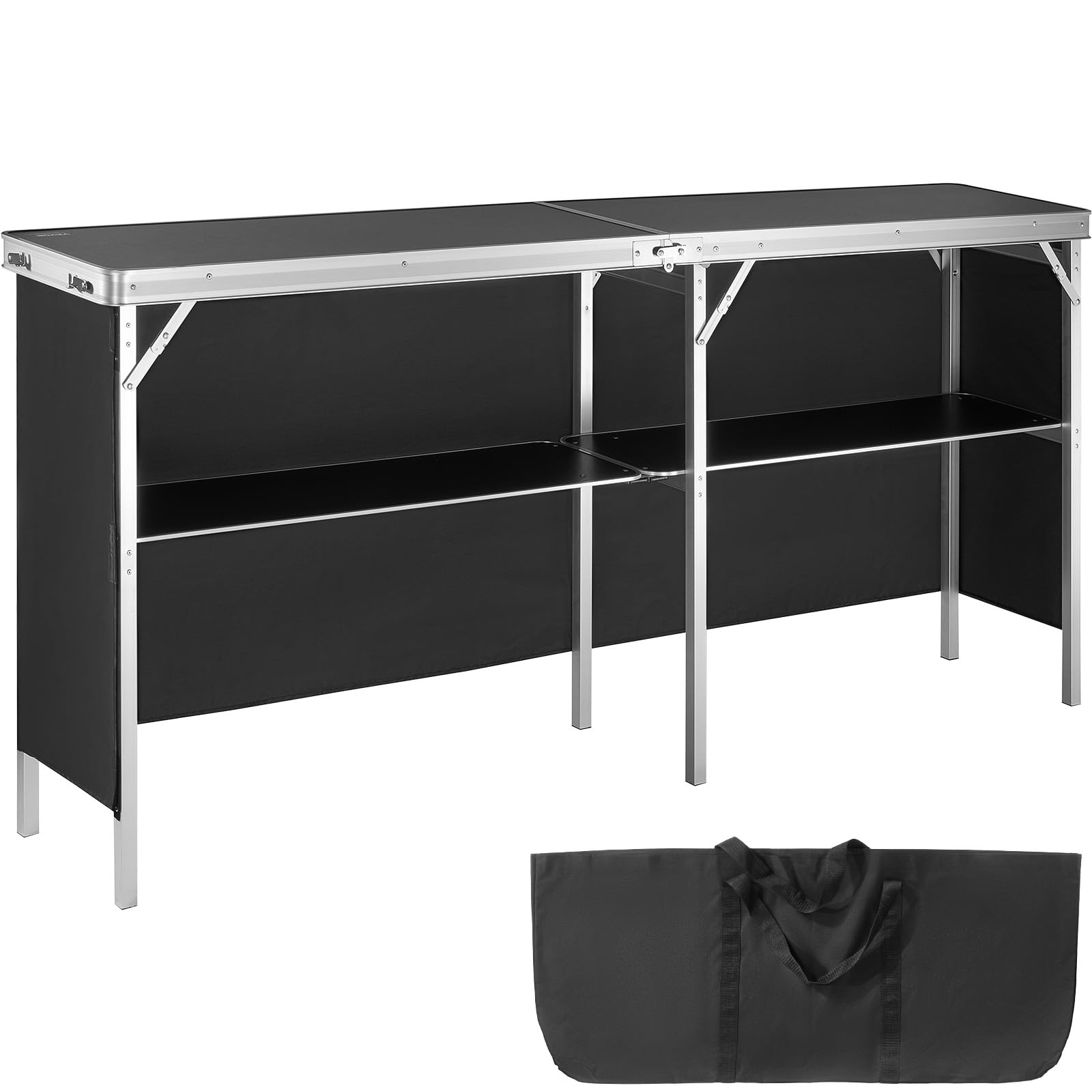 VEVOR Extra Long Folding Portable Bar Tradeshow Podium Table for Indoor, Outdoor, Party, Picnic, Exhibition, Includes Carrying Case, Storage Shelf and Black Skirt, 77.95" x 15.16" x 34.65"