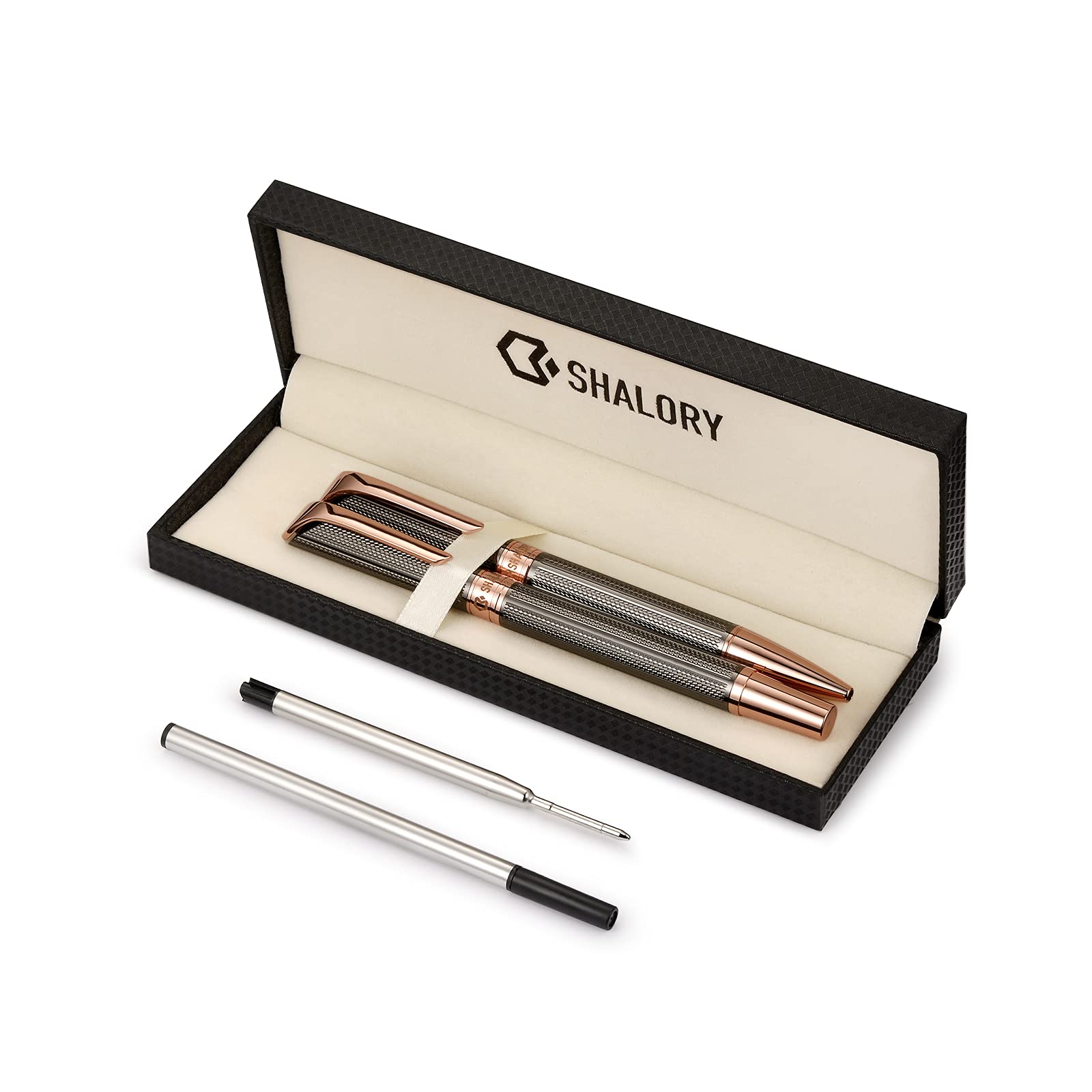 Shalory Ballpoint And Rollerball Pen Set, Stylish Line Engraved Metal Pen Elegant Smooth Writing Gift Pen (2 Pens With 2 Extra R