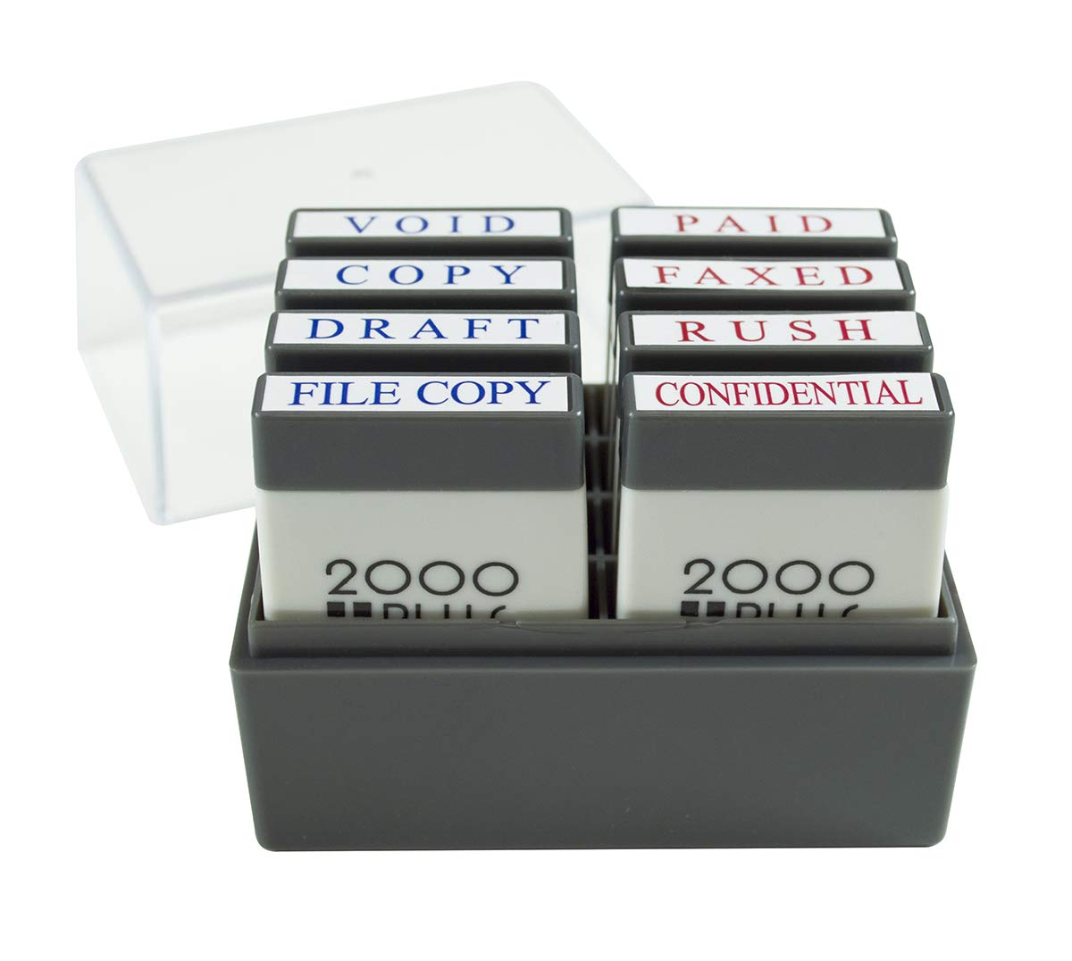 2000 Plus Mini Message Stamp Set With Storage Tray, Pre-Ink And Self-Ink, For Business And Office, 8 Messages, Red And Blue Ink