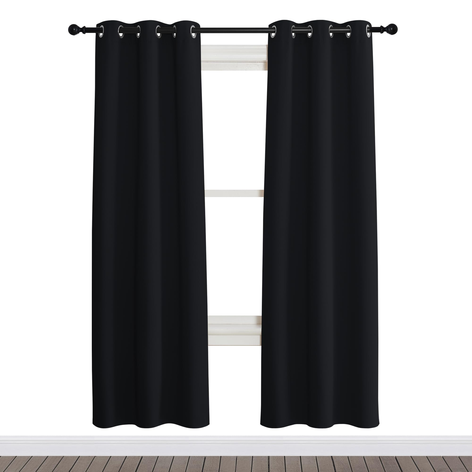 Nicetown Black Out Curtain Panel Shade, Single Piece, 34 Inches Wide By 72 Inches Long, Black, Solid Energy Efficient Eyelet Top Window Blind For Guest Room