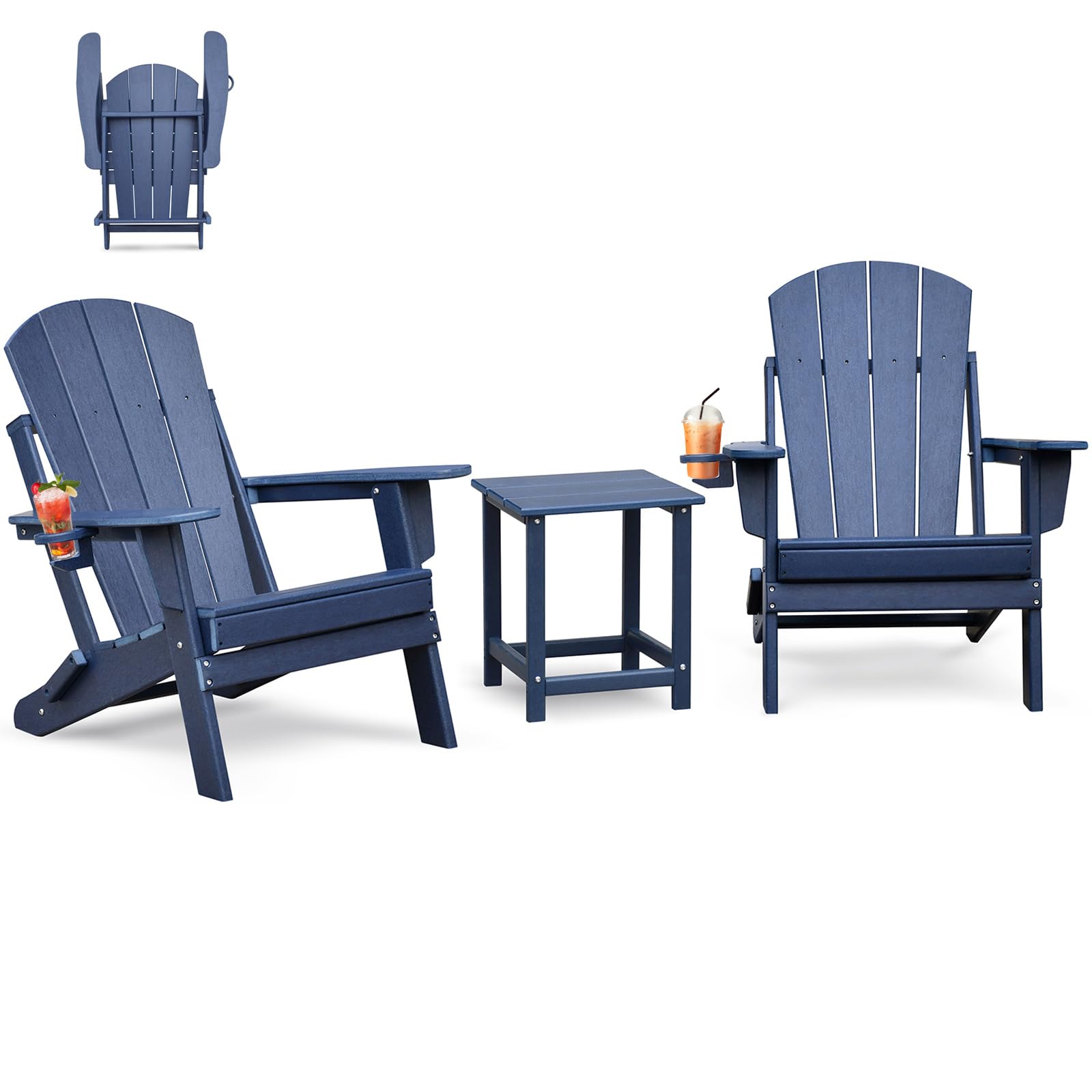 Skypatio 3 Pieces Folding Adirondack Chairs Set, Weather Resistant Adirondack Chairs Set Of 2 With Cup Holder, 1 Side Table, 380 Lb Weight Capacity Portable Patio Fire Pit Chairs(Blue)