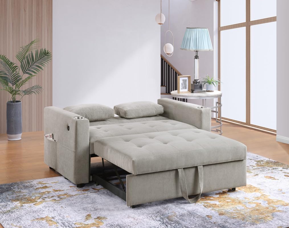 Lilola Home Luelle 57' W Gray Corduroy Convertible Sleeper Loveseat with Cupholders, USB Ports, Magazine Pockets, Pillows, Tufting