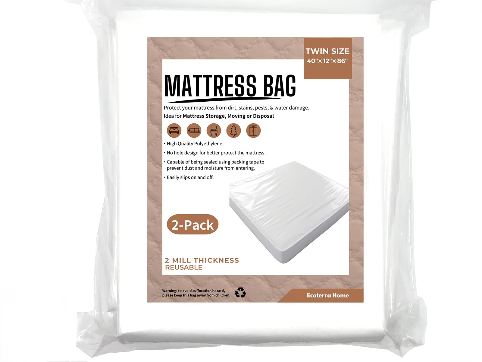 2Pack Twin Mattress Bags For Moving And Disposal 86'X40'X12',Waterproof Storage Mattress Cover Twin Size For Mattress Or Boxs