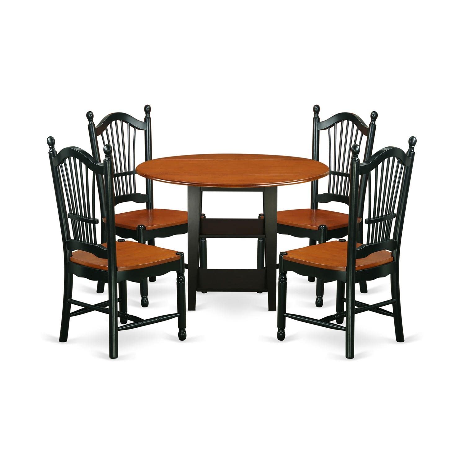 East West Furniture Sudo5-Bch-W 5 Piece Dining Set Includes A Round Dining Room Table With Dropleaf & Shelves And 4 Kitchen Chairs, 42X42 Inch, Black & Cherry
