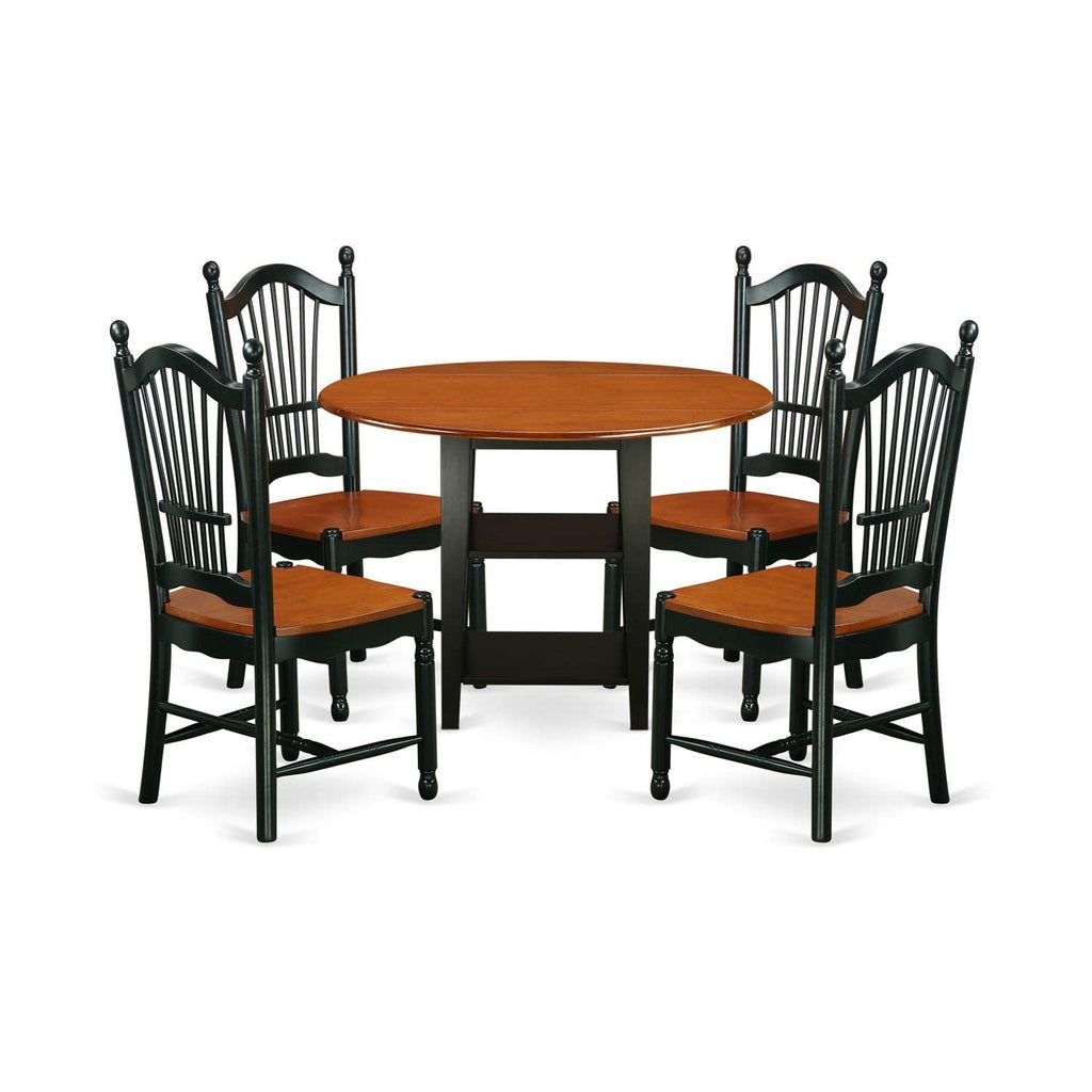 East West Furniture Sudo5-Bch-W 5 Piece Dining Set Includes A Round Dining Room Table With Dropleaf & Shelves And 4 Kitchen Chairs, 42X42 Inch, Black & Cherry