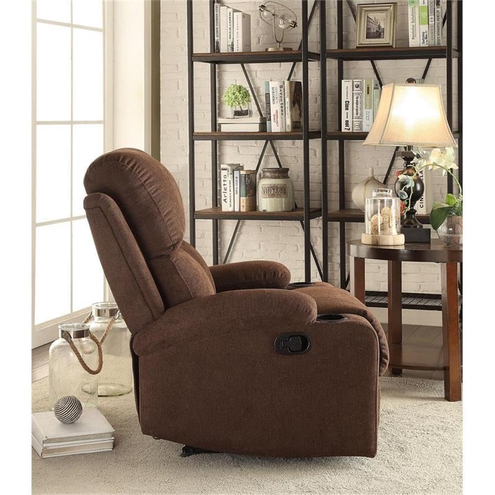 Acme Rosia Motion Recliner With Pillow Top Armrest In Chocolate Fabric