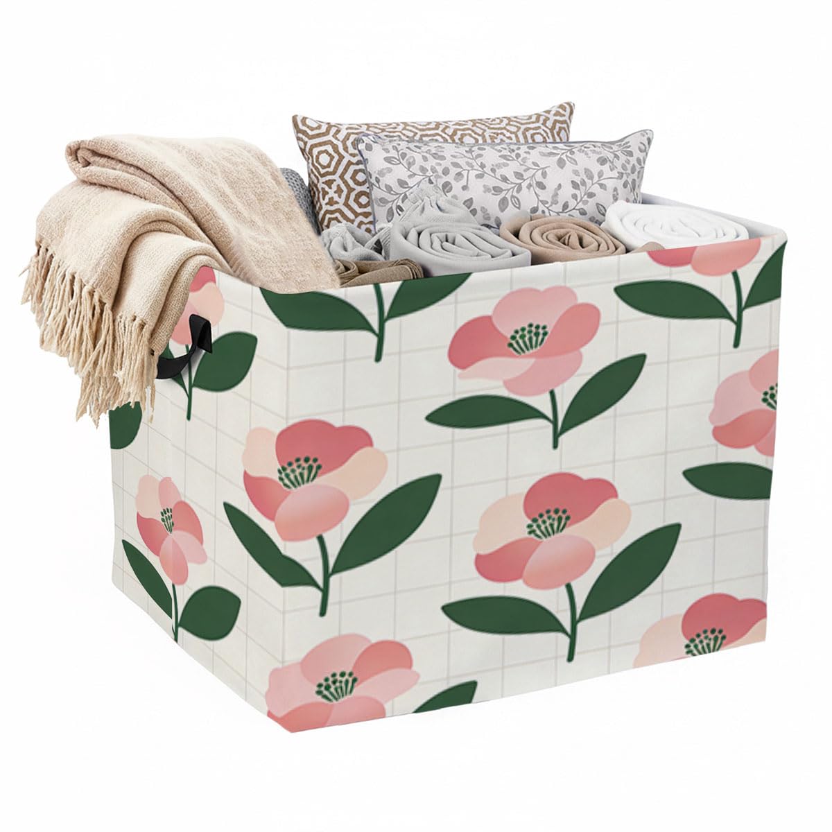 56L Checkered Flower Foldable Square Laundry Hamper with Handles  Large Clothes, Blanket & Toy Storage Basket for Home Organiza