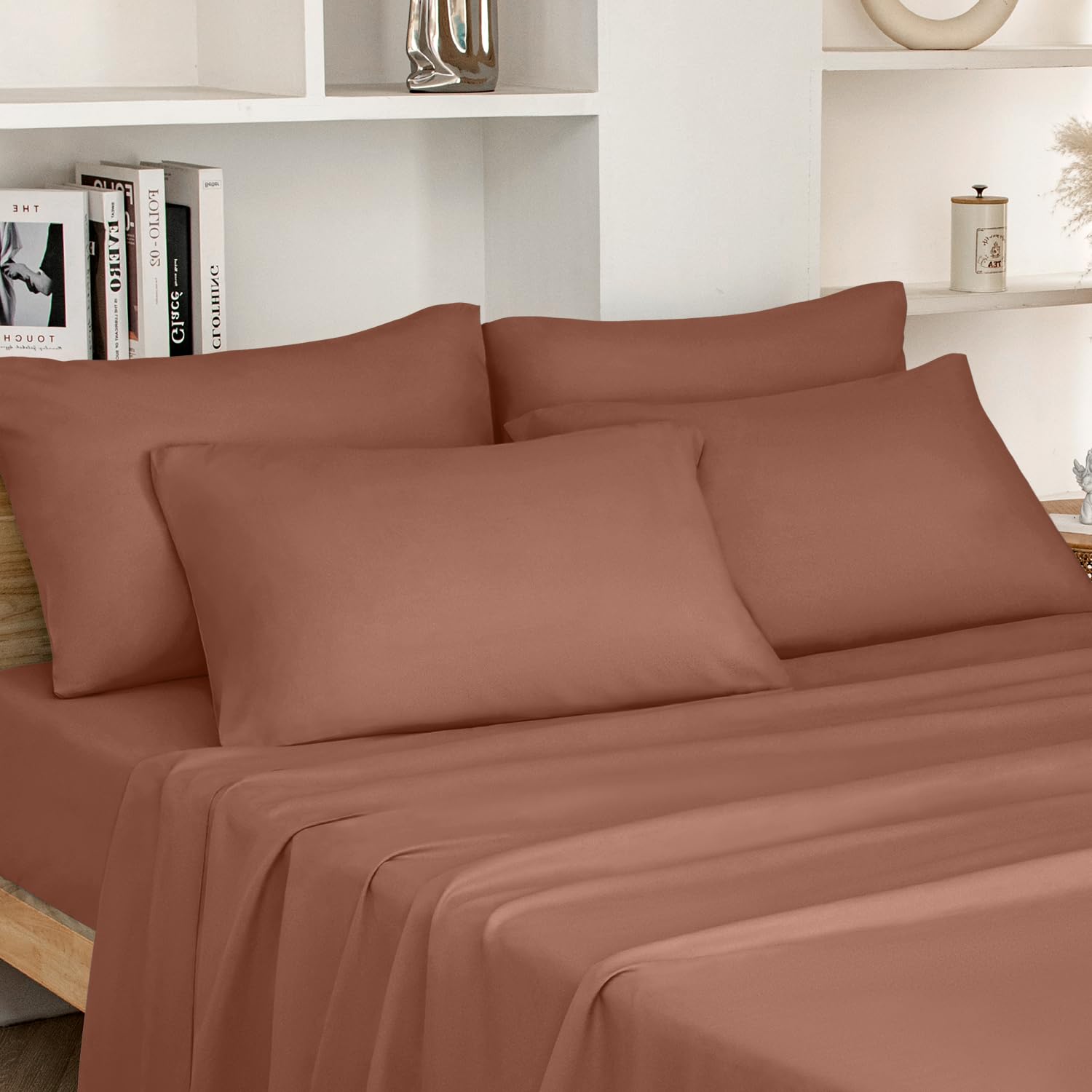 Homeideas Queen Size Bed Sheets - 6 Piece Set (Bronze) - Extra Soft Brushed Microfiber 1800 Bedding Sheets Deep Pocket Wrinkle & Fade Free