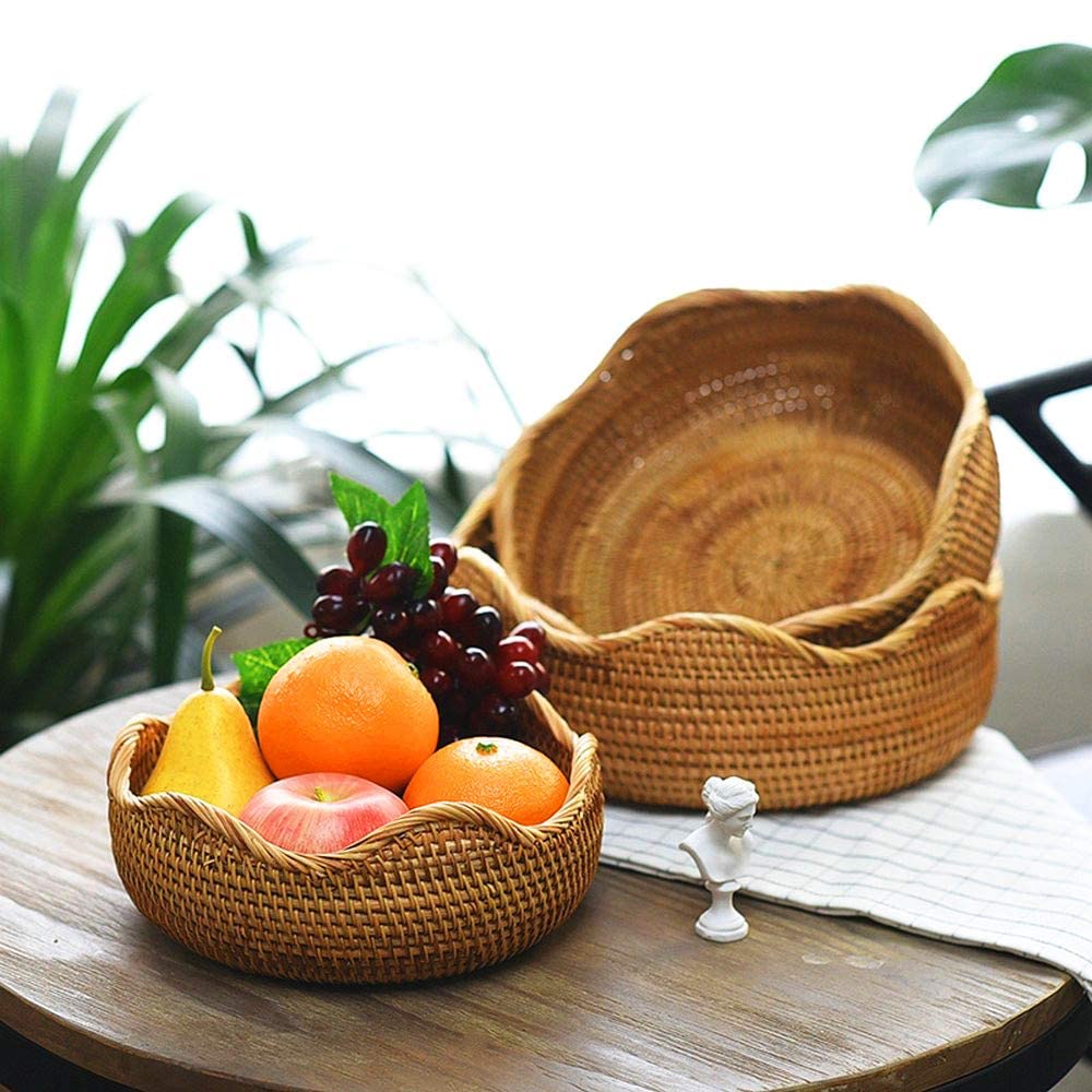 AMOLOLO Handmade Rattan Round Fruit Basket Food Storage Bowl Kitchen Organizer Snack Serving Bowl 9 10 11 Inch Wavy Edge Circle 