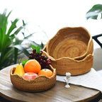 AMOLOLO Handmade Rattan Round Fruit Basket Food Storage Bowl Kitchen Organizer Snack Serving Bowl 9 10 11 Inch Wavy Edge Circle 