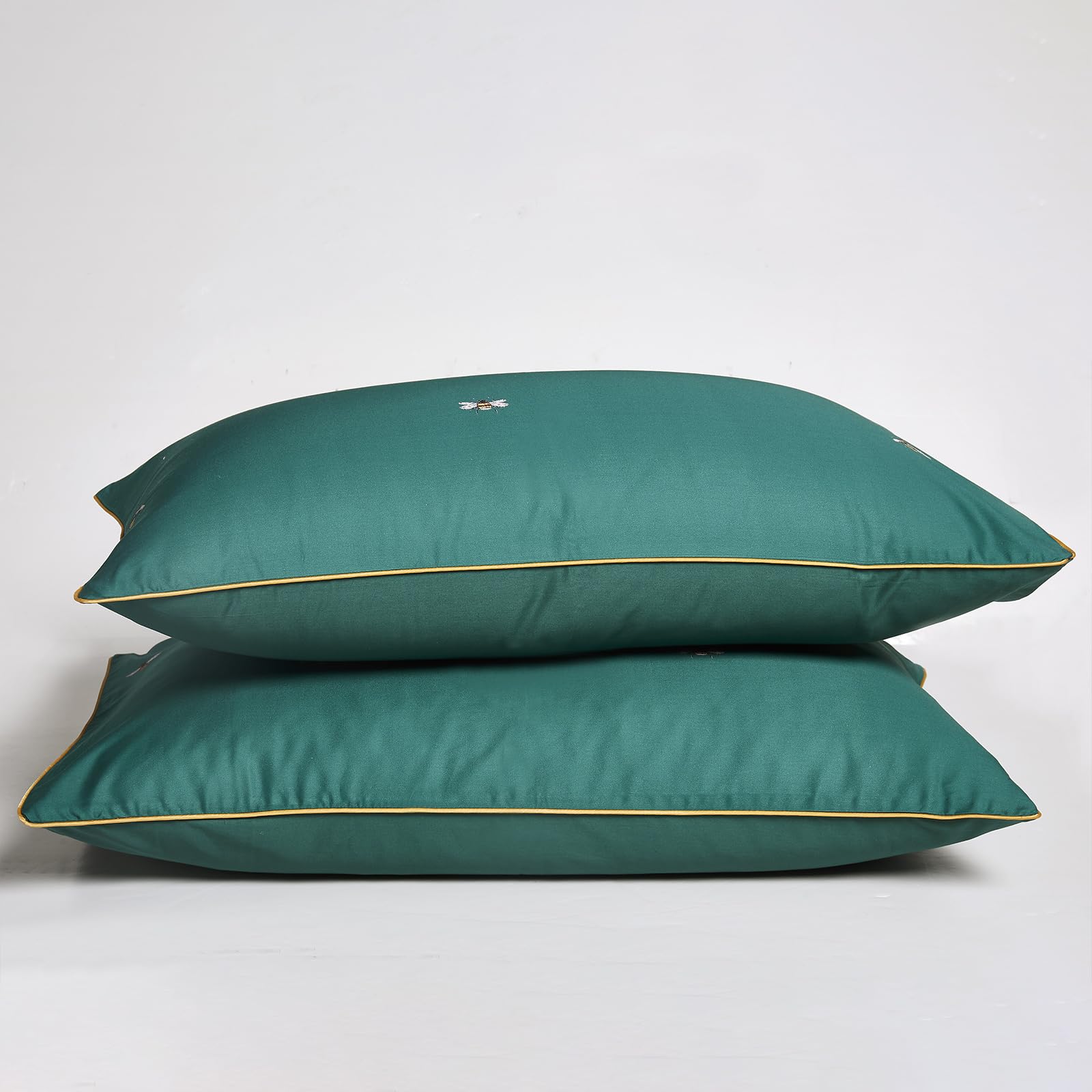 Mixinni Dark Green Duvet Cover King Size, 100% Long Staple Cotton Honeybee Floral Pattern 3Pc Bedding Duvet Cover Set With Zippe