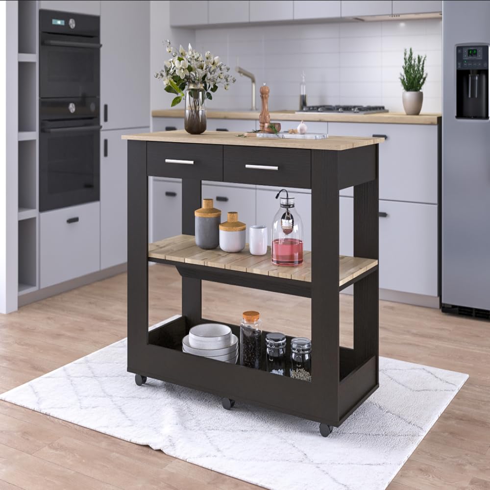 Kitchen Island 46 Inches Dozza, Two Drawers - Black/Light Oak