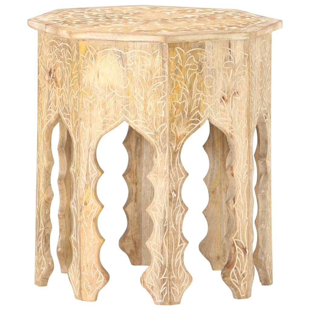 vidaXL Bohemian-Style Side Table in Solid Mango Wood with Hand-Carved Design, Round Wooden Side Accent Table, 18.9" Diameter, No Assembly Required