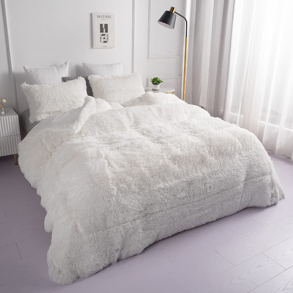 Chovy Faux Fur Plush White Comforter Sets Twin/Full Size - Ultra Soft Shaggy Flannel Velvet Fluffy Fuzzy 3Pc Bedding Set (Comfor