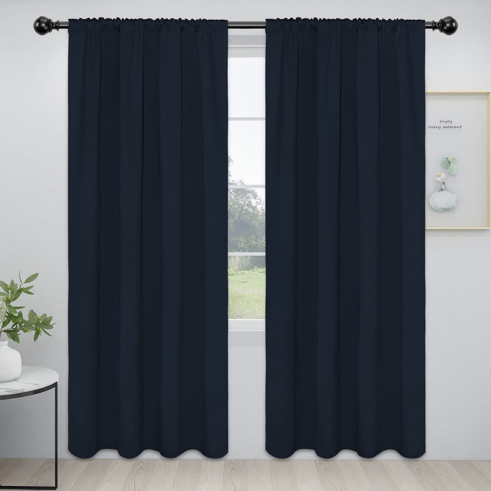 Easy-Going Rod Pocket Blackout Curtains For Bedroom, Room Darkening Window Curtains For Living Room, Thermal Insulated Noise Reduction Solid Window Drapes, 2 Panels(52X96 In, Navy)