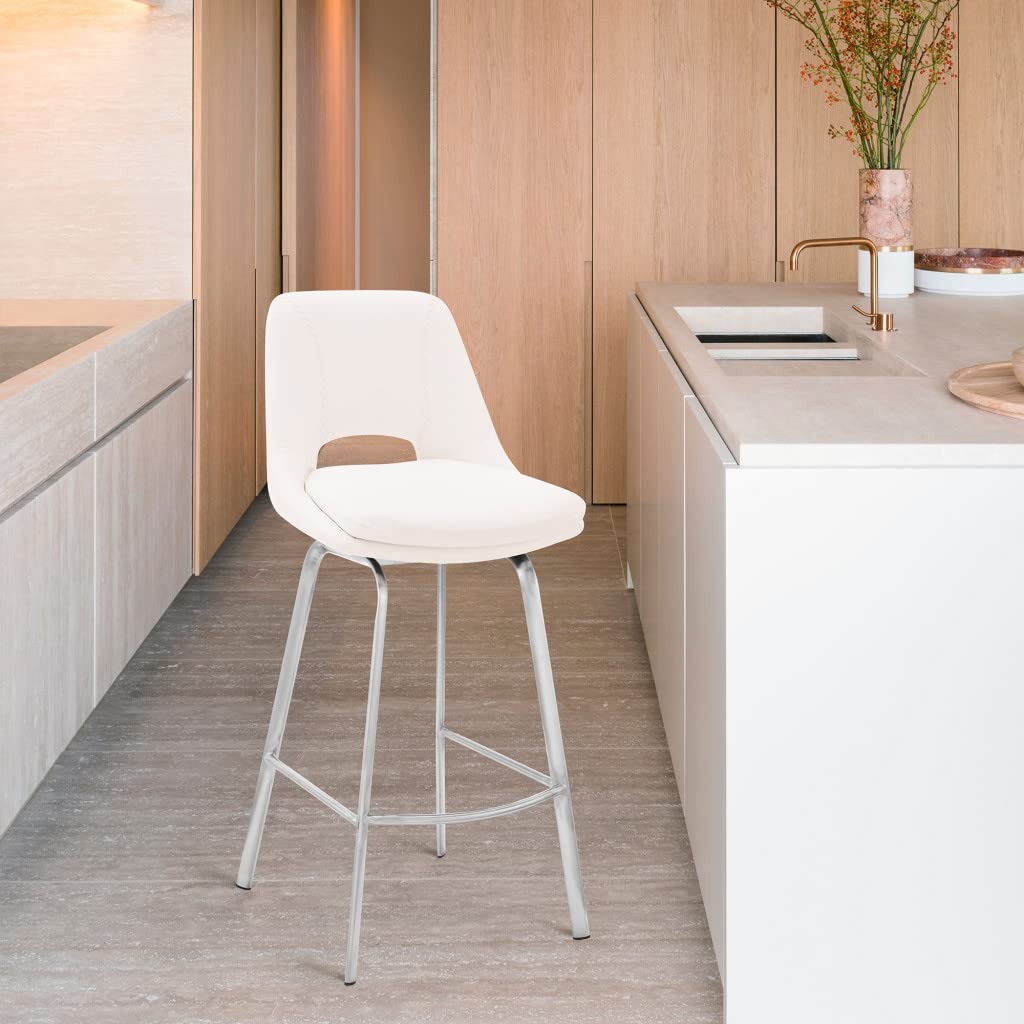 HomeRoots White Steel, Faux Leather 30' Elegant Grey Faux Leather Bar Stool with Stainless Steel Frame