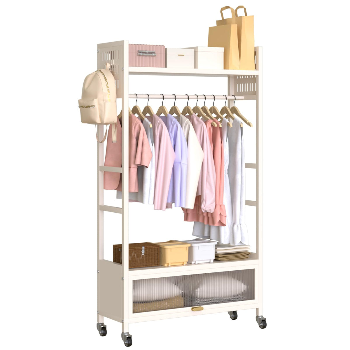 SLVUAFRN Portable Garment Rack, Clothing Rack with Top Wheels and 4 Hooks