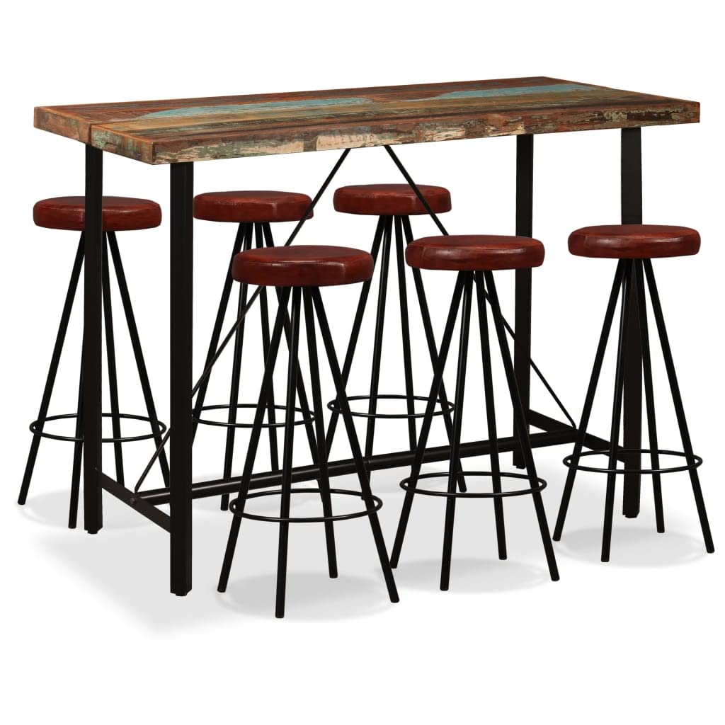 vidaXL Bar Set 7 Piece Heavy Duty Rustic Industrial High Stools Bistro Pub Restaurant Seating Set Solid Reclaimed Wood Genuine Leather Steel